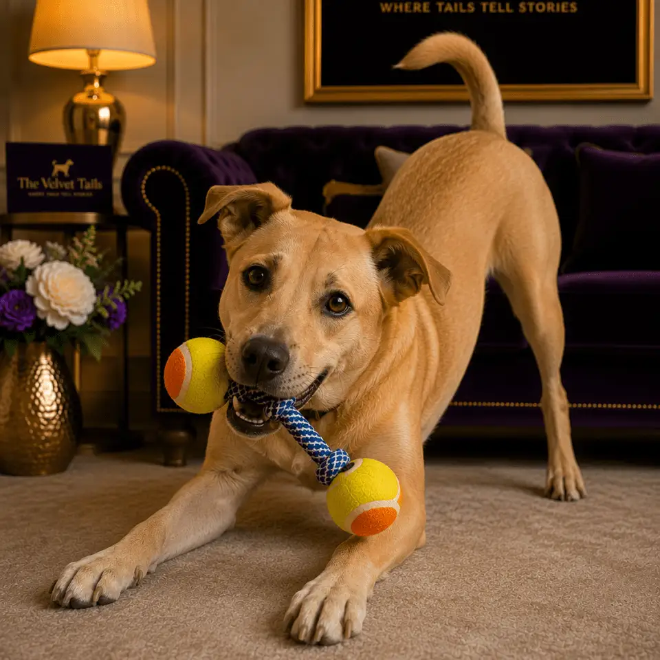 The Velvet Tails Velvet Play Double Fetch Tug – Tennis Ball Rope Toy One Size Assorted
