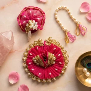 Pink Net Fabric Laddu Gopal Poshak with Pearl Lace Work, Pagadi and Patka for 0 No. Idol Designer Shringar Dress
