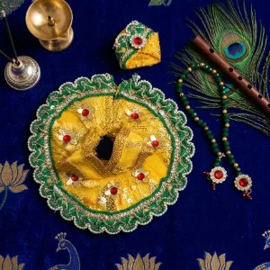 Yellow Net Fabric Laddu Gopal Poshak with Lace Work, Pagadi and Patka for 0 No. Idol Designer Shringar Dress