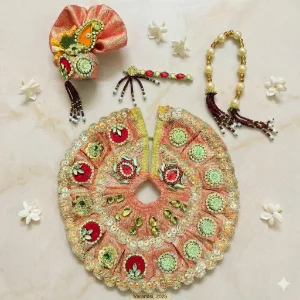 Rose Gold Fabric Laddu Gopal Poshak with Pagadi and Patka for 2 No. Idol Designer Shringar Dress with flute
