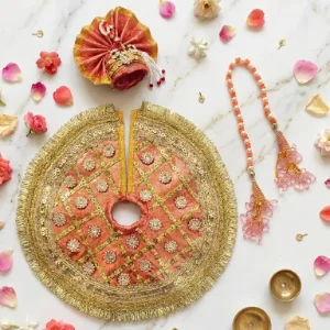 Rose Gold Fabric Laddu Gopal Poshak with Pagadi and Patka for 4 No. Idol Designer Shringar Dress