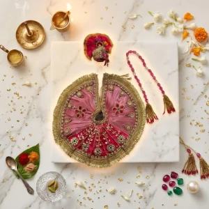 Pink Jimmy Choo & Velvet Fabric Laddu Gopal Poshak with Gota Patti Lace, Pearl & Stone Embellishments, Pagadi and Patka for 5 No. Idol Designer Shringar Dress