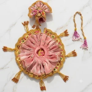 Pink Jimmy Choo Fabric Laddu Gopal Poshak withZardozi Ptch, Pearl & Stone Embellishments, Pagadi and Patka for 3 No. Idol Designer Shringar Dress