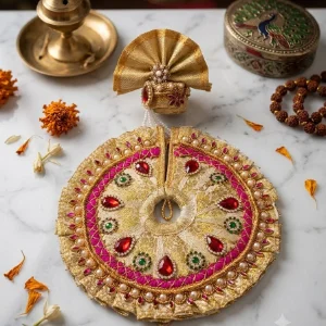 White & Gold Textured Banarasi Silk Laddu Gopal Poshak with Lace Work, Pagadi and Patka for 3 No. Idol Designer Shringar Dress