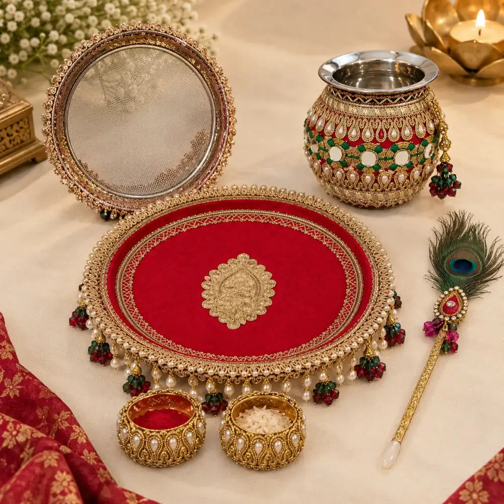 Bahudha: The House of Tradition – Premium Decorated Stainless Steel Karwa Chauth Pooja Thali Set