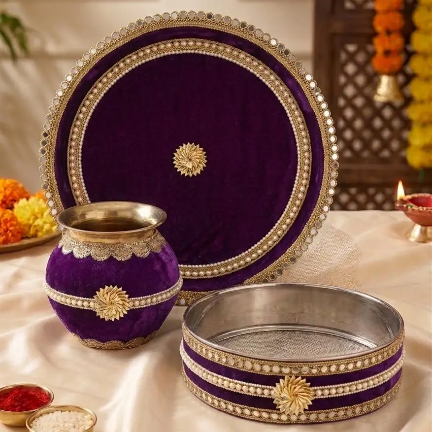 Bahudha: The House of Tradition – Premium Decorated Stainless Steel Karwa Chauth Pooja Thali Set