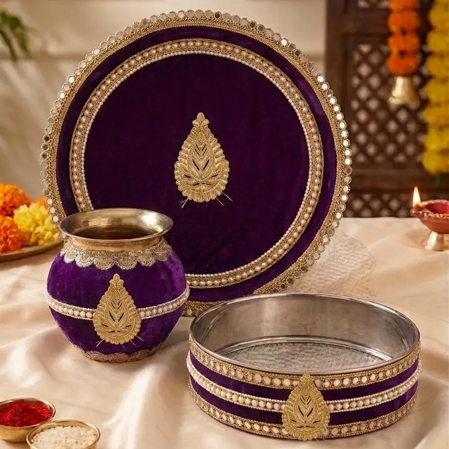 Bahudha: The House of Tradition – Premium Decorated Stainless Steel Karwa Chauth Pooja Thali Set