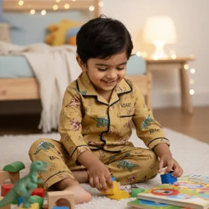 Tippy Top Boys Brown Cotton Dinosaur Print Night Suit Set