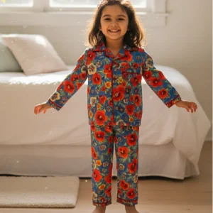 Tippy Top Girls Blue Floral Cotton Full Sleeves Night Suit Set