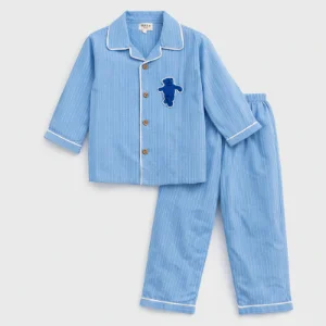 Tippy Top Kids Blue Striped Cotton Night Suit with Teddy Patch