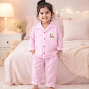 Tippy Top Girls Pink Striped Cotton Night Suit with Bunny Patch
