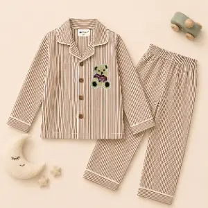Tippy Top Kids Brown Striped Cotton Night Suit with Teddy Patch