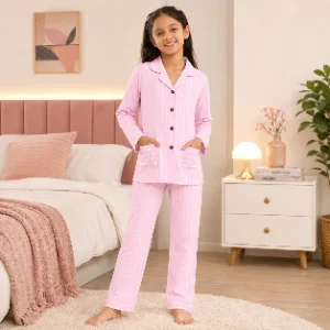 Tippy Top Girls Pink Striped Cotton Night Suit  Full Sleeve Sleepwear
