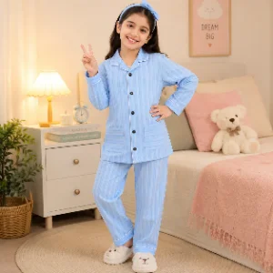 Tippy Top Kids Sky Blue Striped Cotton Night Suit  Full Sleeve Sleepwear