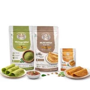 RA Desi Flavors South Indian Breakfast Combo – Instant Moringa Dosa Mix 200GM, Millet Dosa Mix 200GM & Idli Chutney Powder 100GM | Healthy Ready-to-Cook Millet Breakfast Pack
