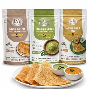 RA Desi Flavors Dosa Mix Combo Pack (200GM x 3) – Millet, Moringa & Rava Dosa Mix | Instant South Indian Breakfast | High Fiber | No Preservatives