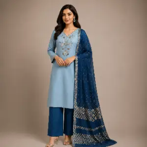 Anvaya Powder Blue Embroidered Kurta Set with Navy Blue Dupatta for Women | Cotton Blend Salwar Suit Set | Elegant Ethnic Wear