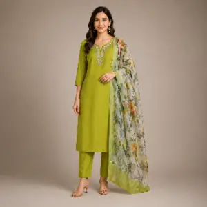 Anvaya Lime Green Embroidered Kurta Set with Floral Organza Dupatta for Women | Elegant Salwar Suit Set | Festive & Party Ethnic Wear