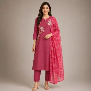 Anvaya Berry Pink Floral Embroidered Kurta Set with Printed Dupatta for Women | Cotton Blend Salwar Suit Set | Elegant Ethnic Wear
