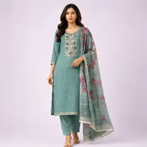 Anvaya Sage Green Embroidered Kurta Set with Floral Organza Dupatta for Women | Cotton Blend Salwar Suit Set | Festive & Ethnic Wear