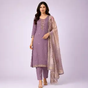 Anvaya Dusty Mauve Embroidered Kurta Set with Floral Dupatta for Women | Silk Blend Salwar Suit Set | Elegant Festive & Wedding Ethnic Wear