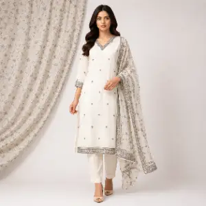 Anvaya Ivory Elegance Embroidered Kurta Set with Floral Dupatta for Women | Cotton Blend Salwar Suit Set | Festive & Ethnic Wear