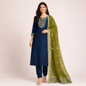 Anvaya Midnight Blue Embroidered Kurta Set with Olive Green Dupatta for Women | Chiffon Blend Salwar Suit Set | Festive & Party Ethnic Wear